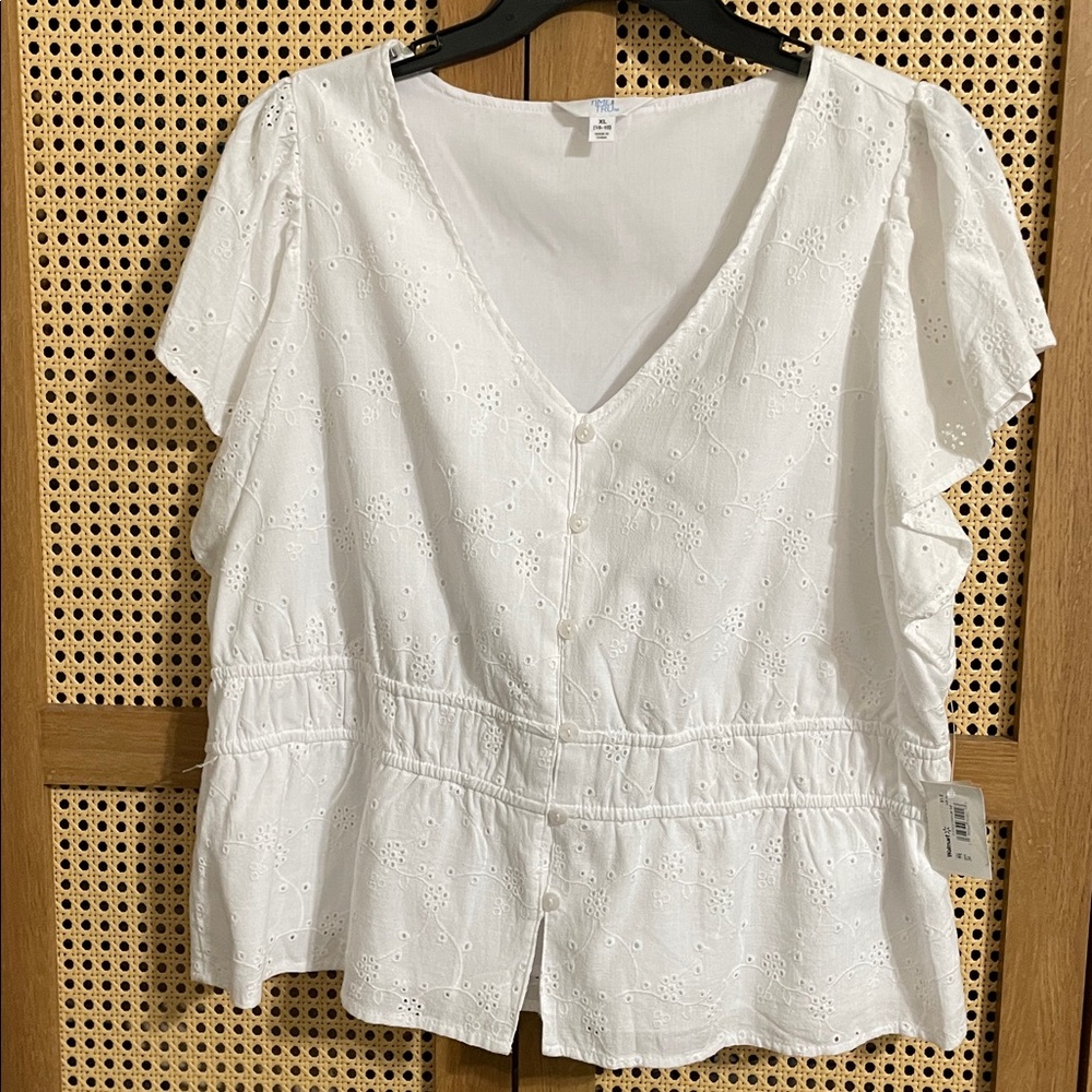 NWT Time & Tru White Eyelet Button-Front Peplum Top XL - Picture 7 of 13